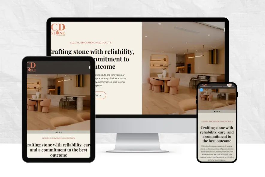 CD Stone website project shown on a laptop, tablet and phone