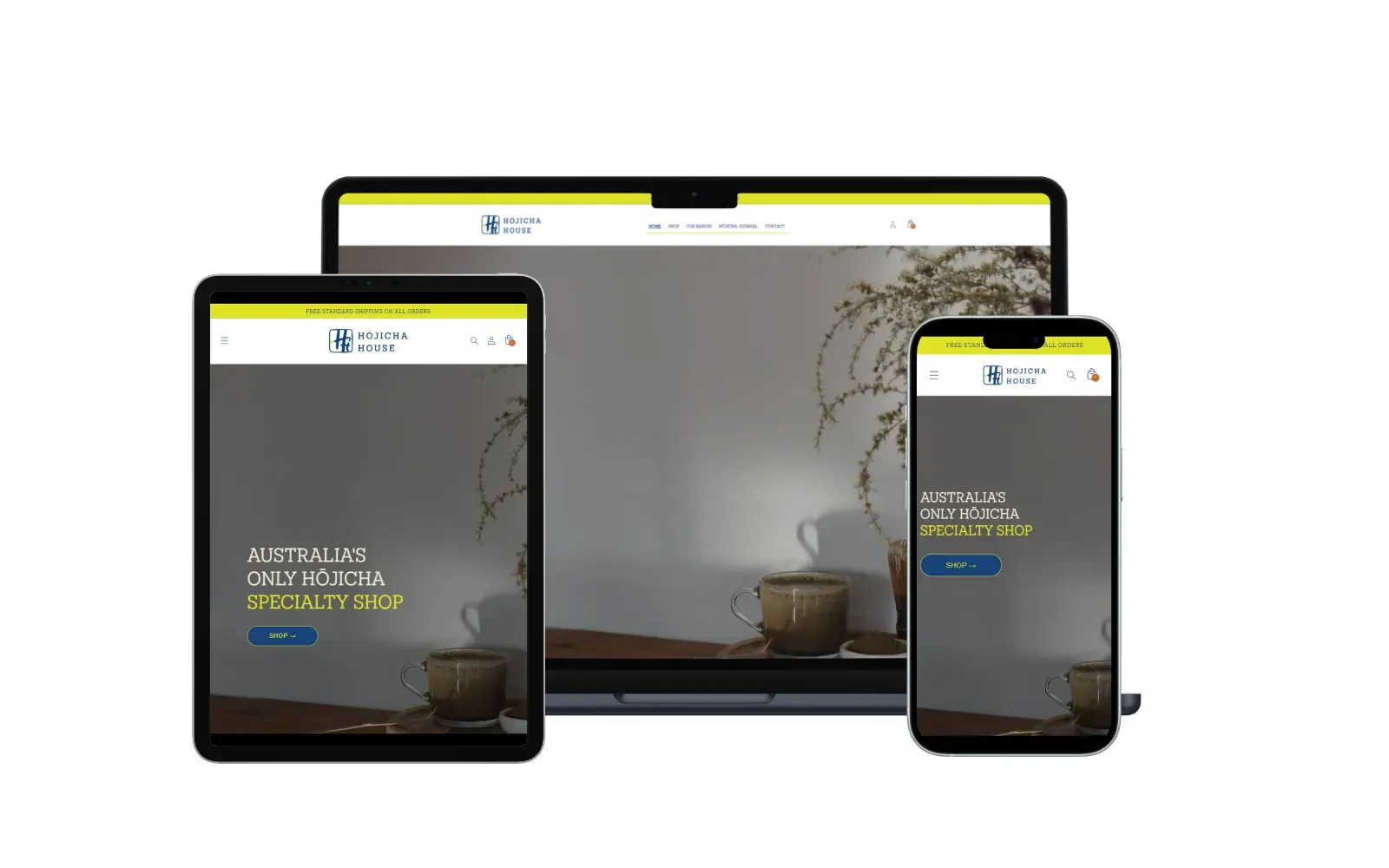 Hojicha House Shopify website project shown on a laptop, tablet and phone