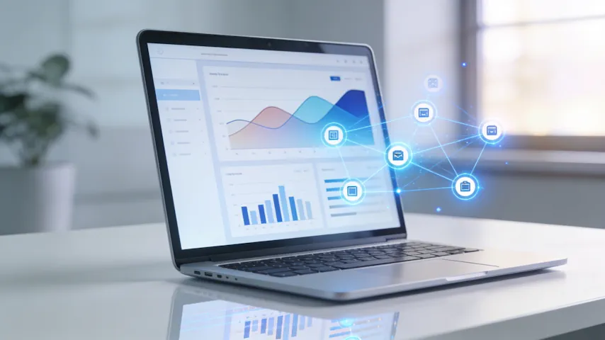 A bakery website displayed on a computer screen at the center, with colorful arrows and link symbols radiating outward to various sources including blogs, directories, social media platforms, and partner websites, illustrating how backlinks from multiple channels connect to and boost the bakery business online. The overall tone is positive and encouraging, showing interconnectedness and growth. Image generated by AI