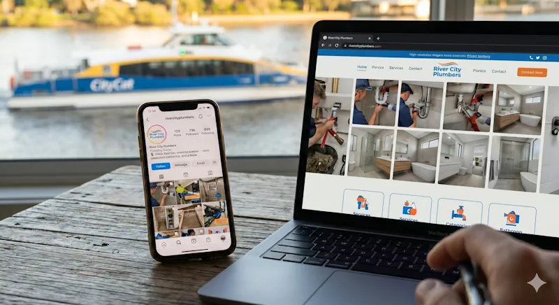 A laptop showing a Google search results page with a local business website at the top, next to a smartphone displaying an Instagram profile of the same business, illustrating the difference in visibility between the two platforms.