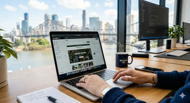 female developer working on a shopify website on a lap top. we can only see the developers hand. Photo generated by AI