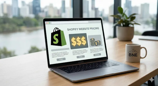 A laptop shows Shopify website with their logo and dollar signs. Photo generated by AI