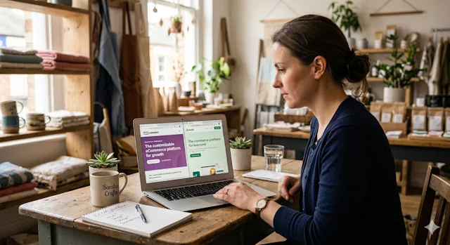 A small business owner is looking at a laptop , the laptop shows woocommerce website (with woocommerce logo) in the left and shopify (with shopify logo) in the right. Photo generated by AI