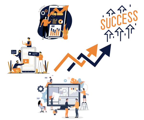 An image of a lady with pink-purple nail polish sitting in front of a laptop and reading something on her mobile